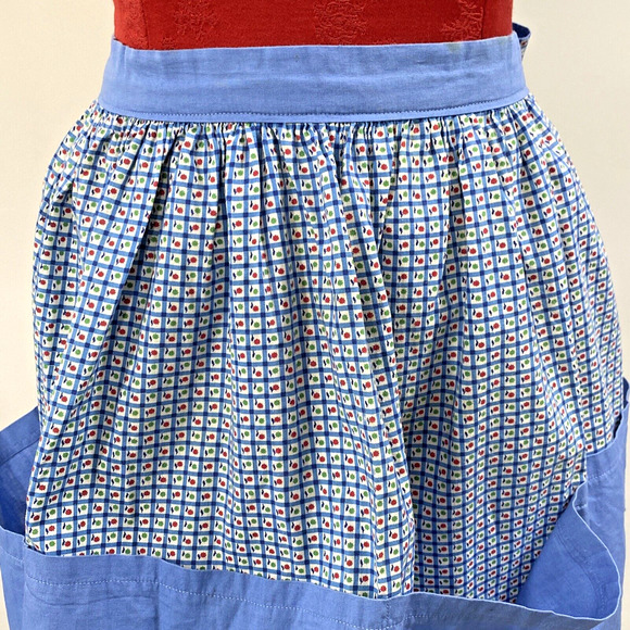Vintage Handmade Waitress Half Apron 4 Front Hem Pockets Blue Red Green Apples - Picture 3 of 8